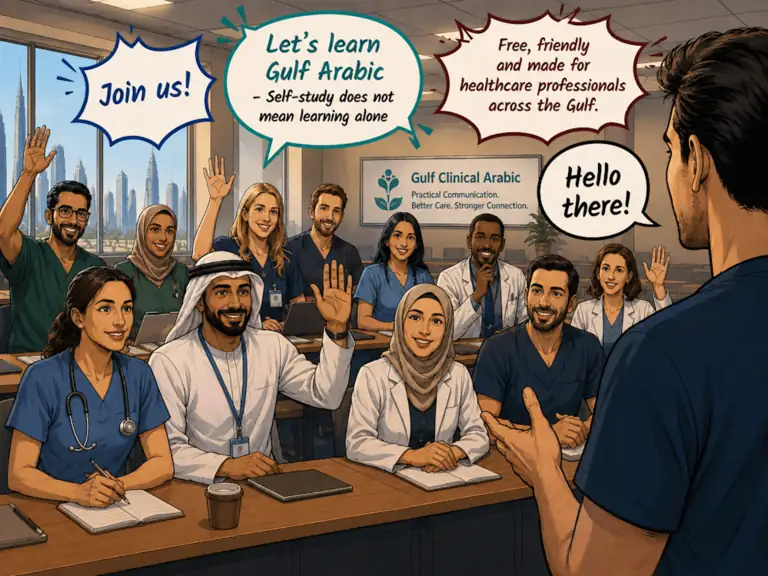 Healthcare professionals learning Gulf Arabic together in a community classroom