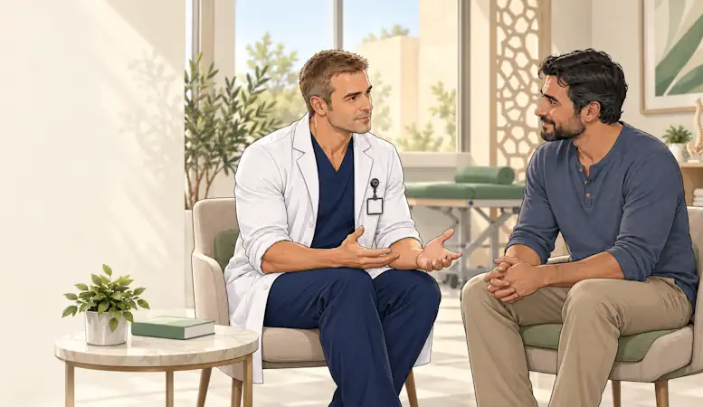 A healthcare professional in a white coat talking with a patient